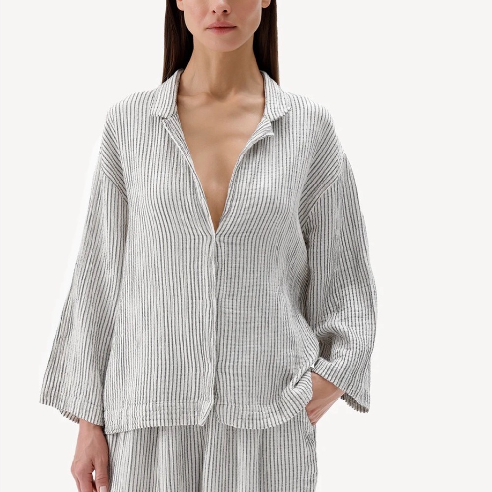 Pokoloko ~ Striped Crinkle Cotton Shirt Blouse